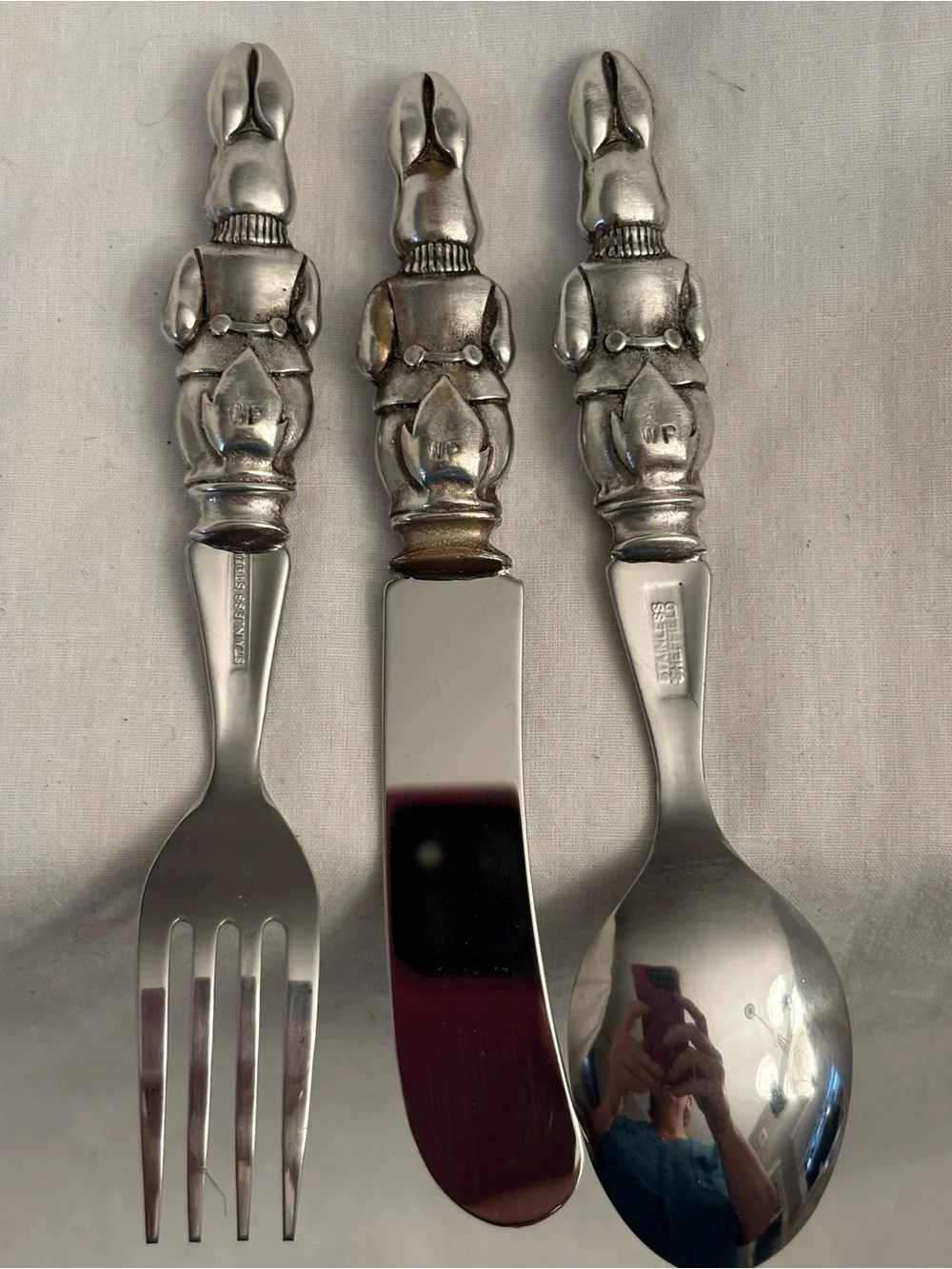 Woodbury Pewter Bunny Child Flatware Set Spoon Fork Knife Handcrafted w/ Box